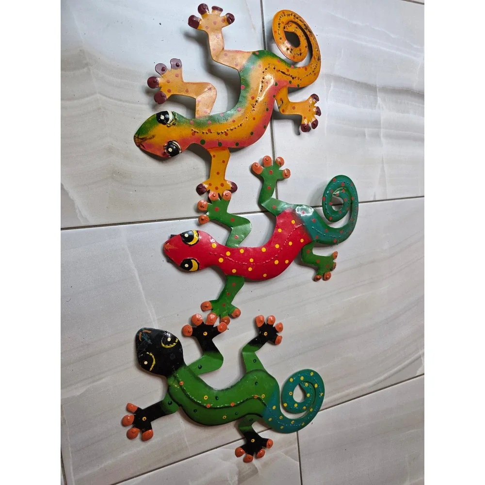 Set of 3 Colorful Metal Gecko Wall Art Hand Painted Lizard Garden Decor 13‎ Inch